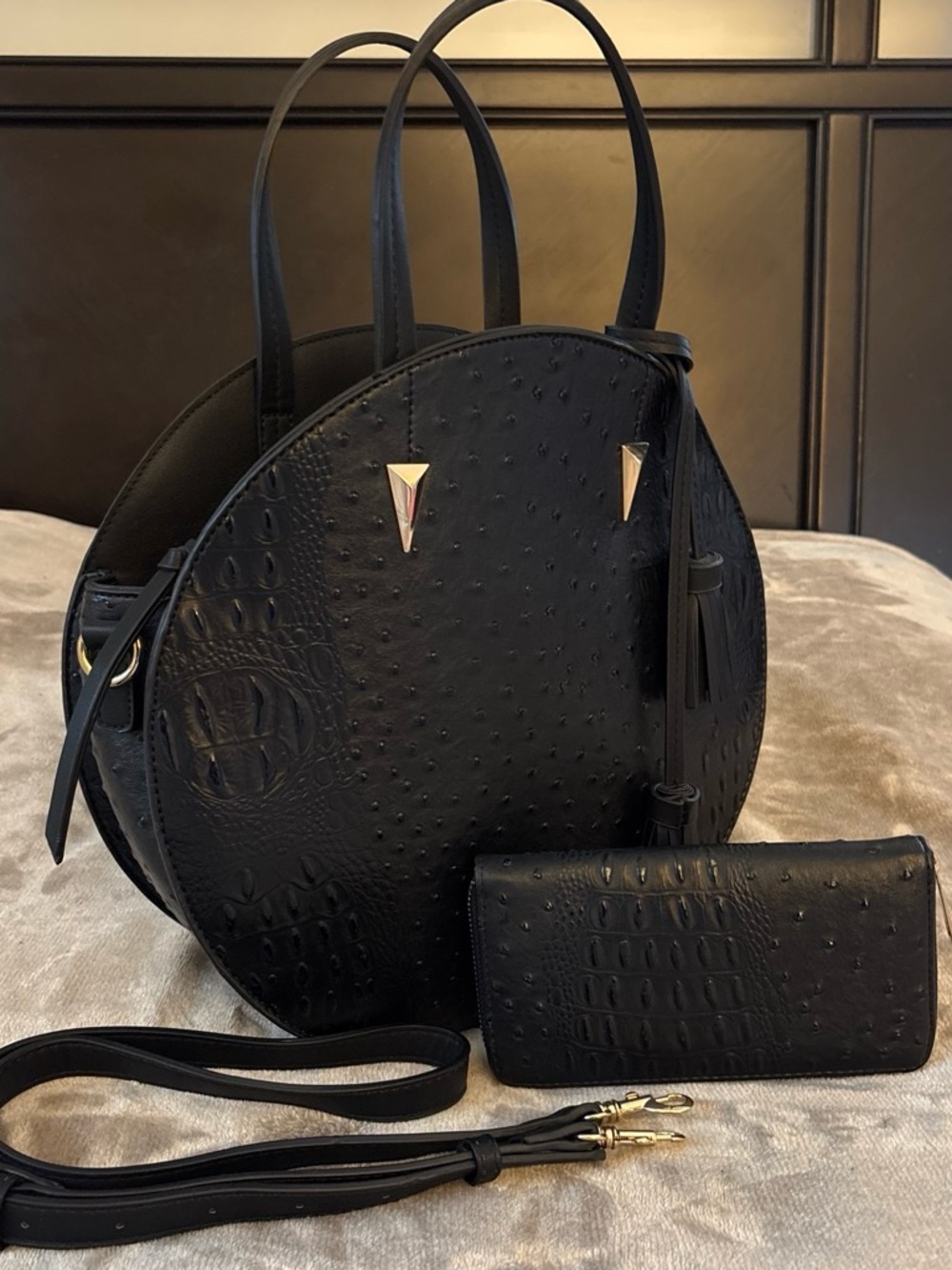 Round Black Textured Tote with Matching Wallet and Detachable Strap
